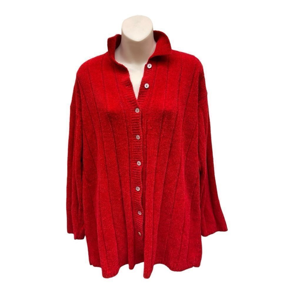 Vintage Karen Scott Red Chenille Button Up Sweater L Soft Cozy Holiday Classic